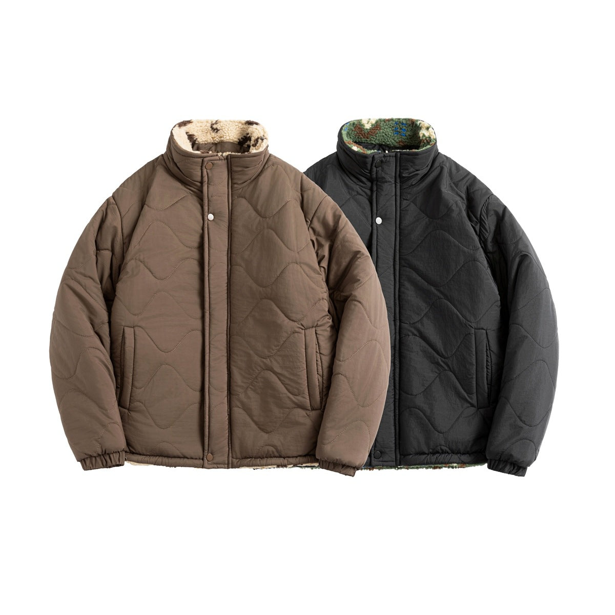 Front view of two quilted jackets, one taupe and one black, with high collars and patterned fleece lining.