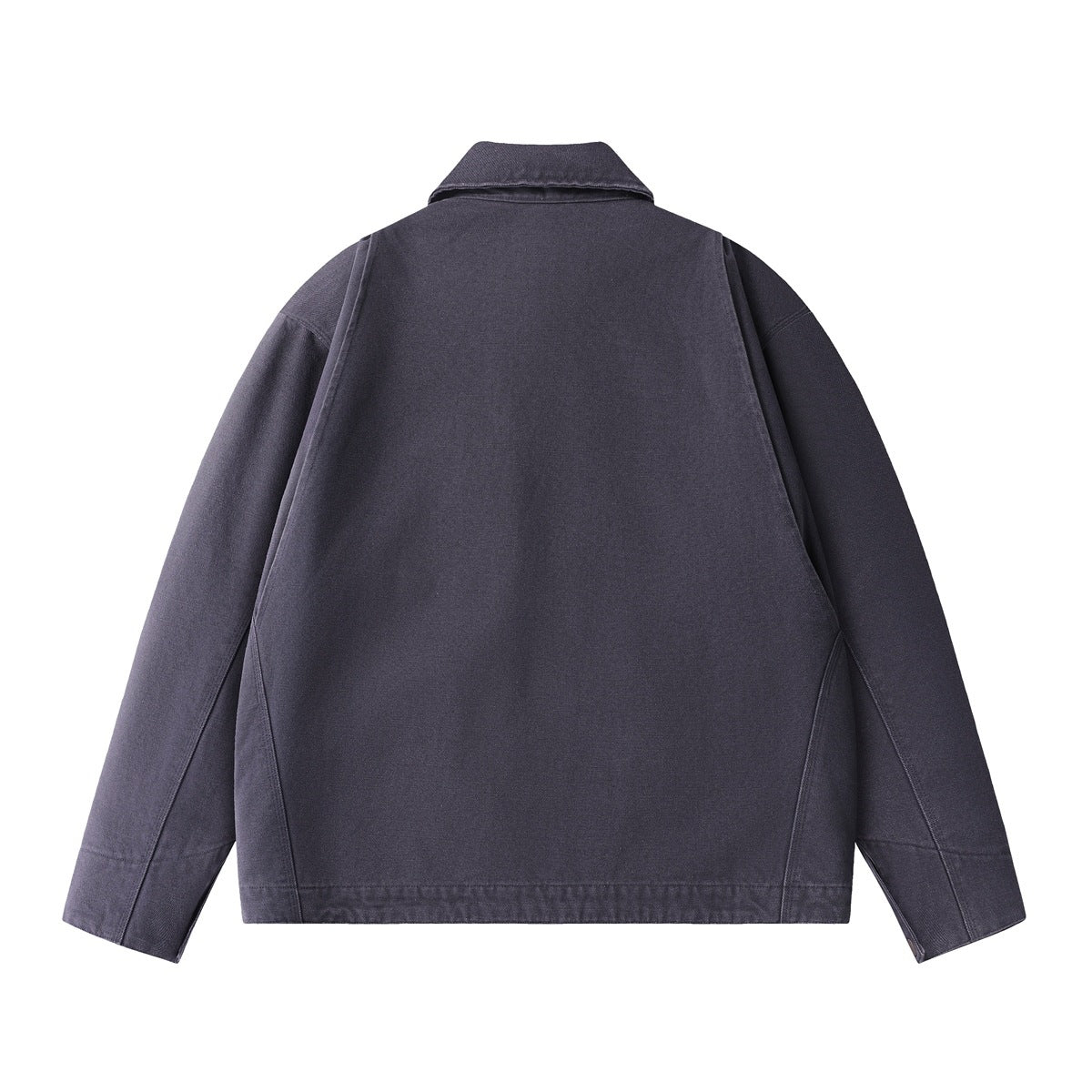 Back view of a muted purple-gray jacket with a pointed collar, long sleeves, and a plain panel.