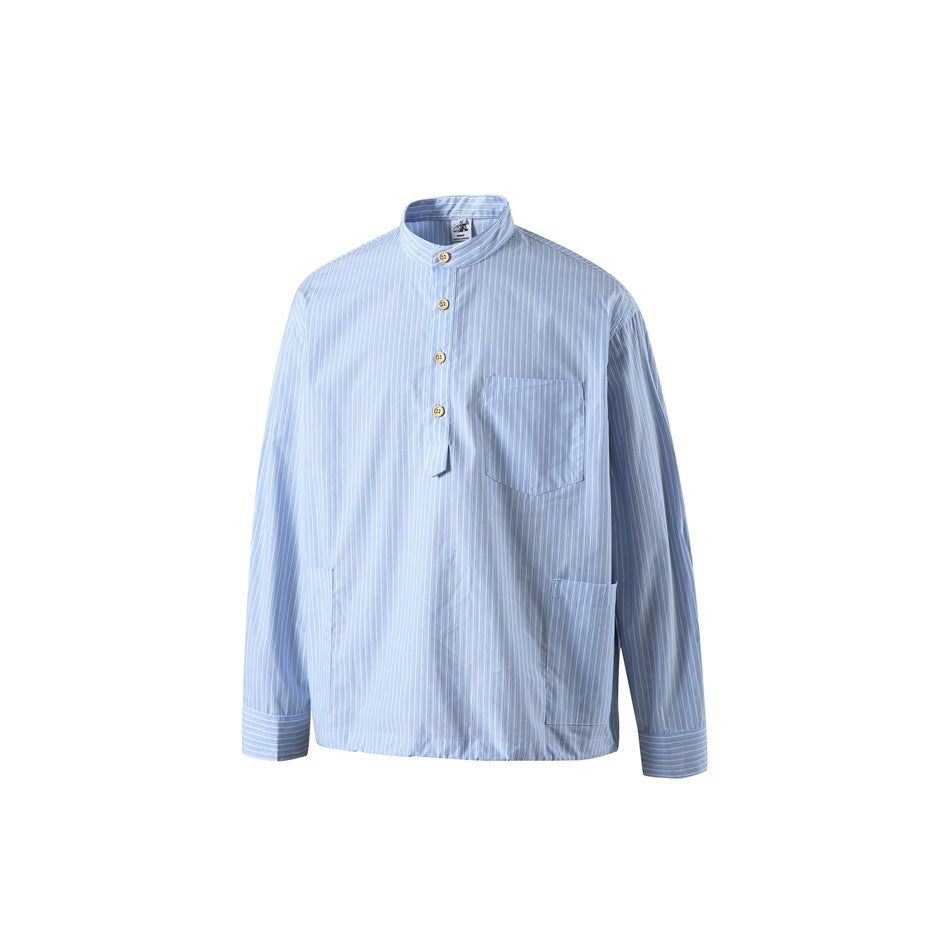 Full front view of a light blue pinstriped long-sleeve shirt with a band collar, short button placket, and chest pocket.