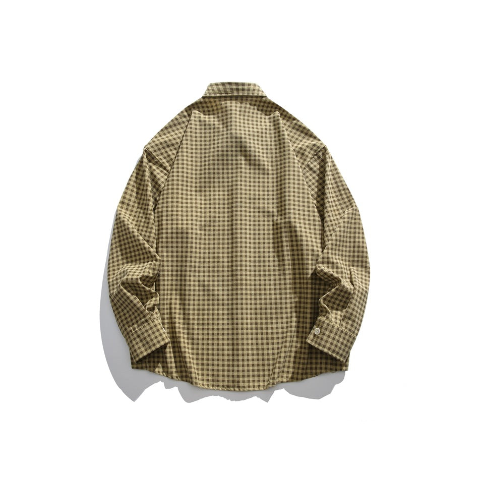 Back view of an olive-brown and cream gingham button-up shirt with a collar, long sleeves and button cuffs.