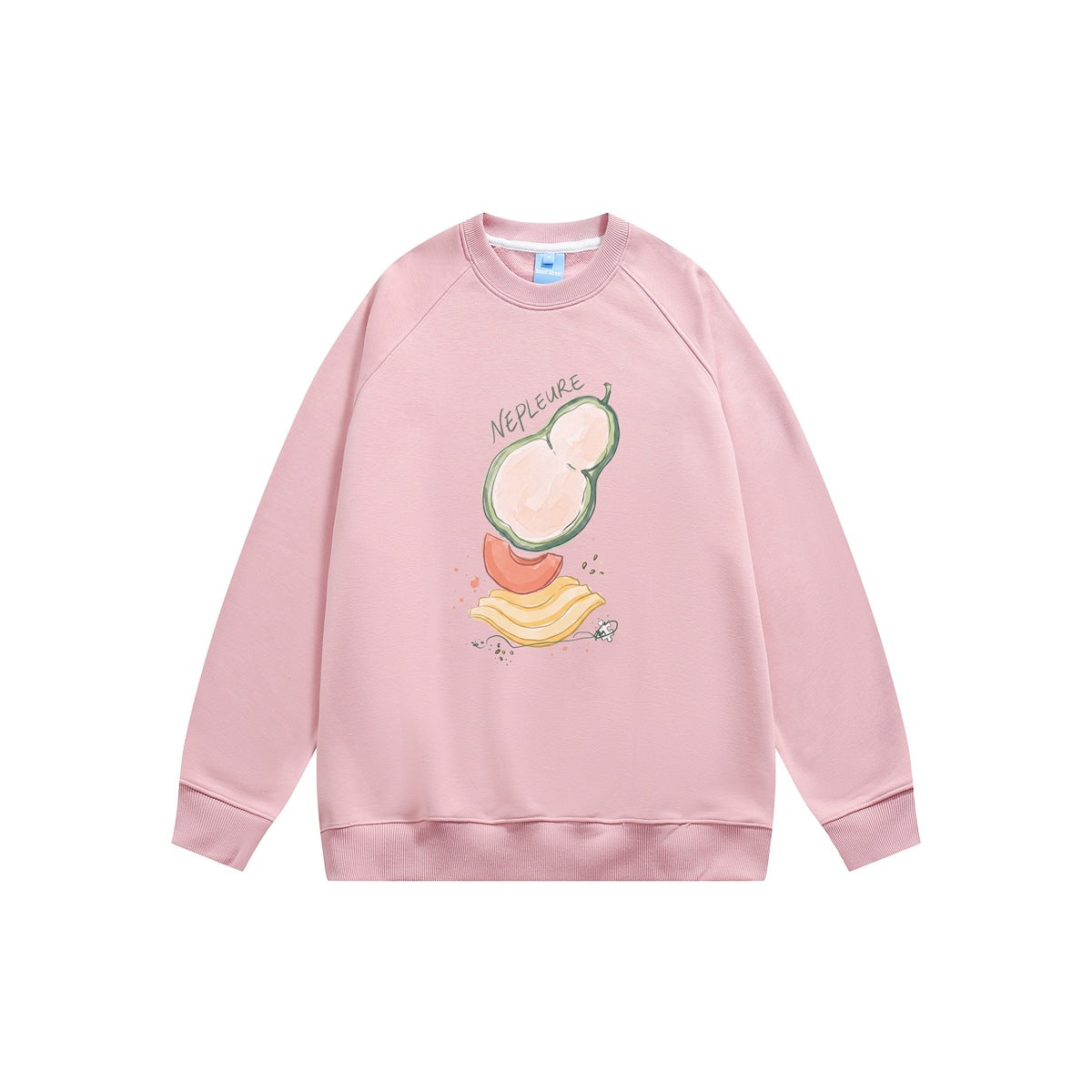 Pink crew-neck raglan sweatshirt, flat front view with watercolor fruit graphic and NEPLEURE script text