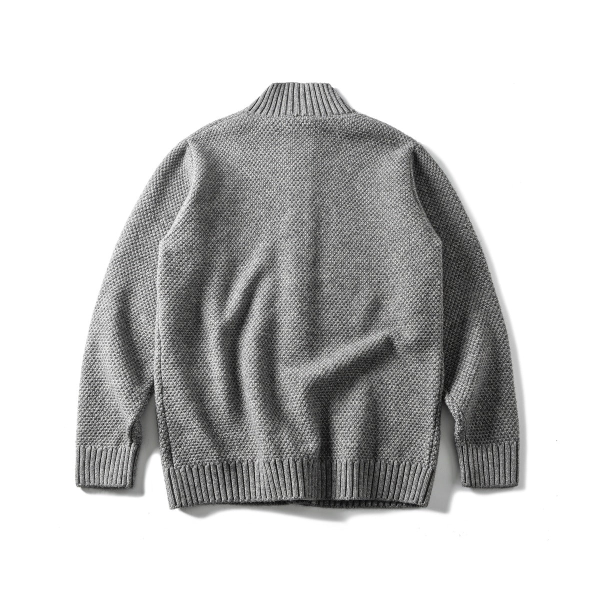 Back view of a gray knit cardigan with a ribbed stand collar, cuffs, and hem.