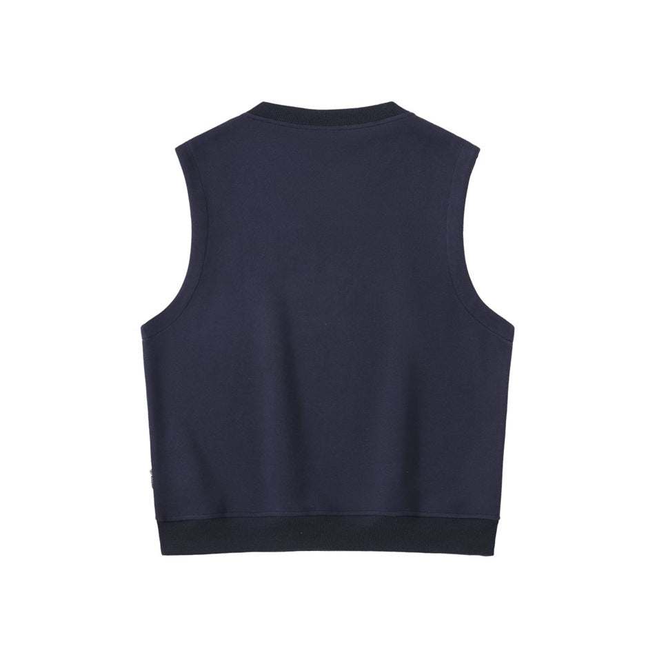 Back view of a plain dark navy sleeveless vest with a ribbed neckline and hem.