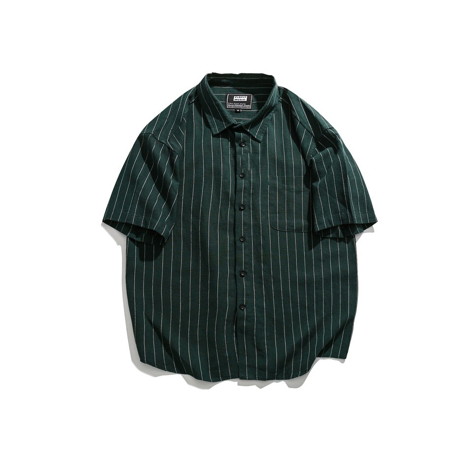 Dark green short-sleeve button-front shirt with white vertical pinstripes and chest pocket, flat lay