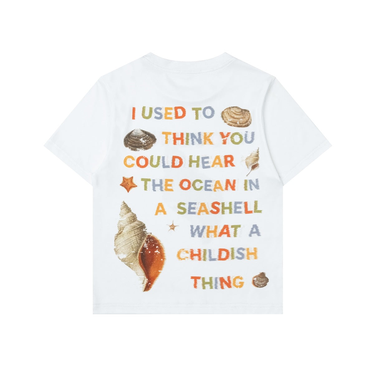 White T-shirt back with multicolor lettering and seashell and starfish prints, flat lay