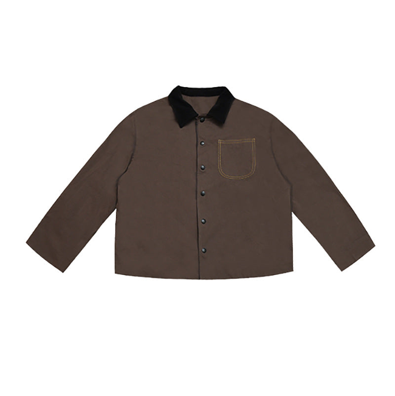 Brown snap-front jacket with black collar and a chest patch pocket with tan topstitching, flat front view