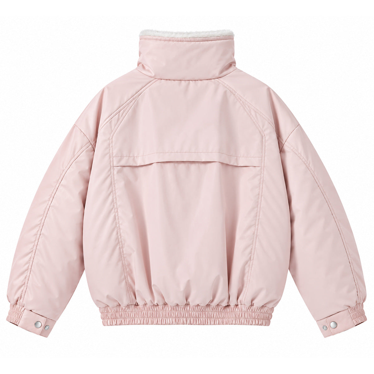 Back view of a pale pink jacket with a high fleece-trimmed collar, gathered elastic hem and snap-adjustable cuffs.