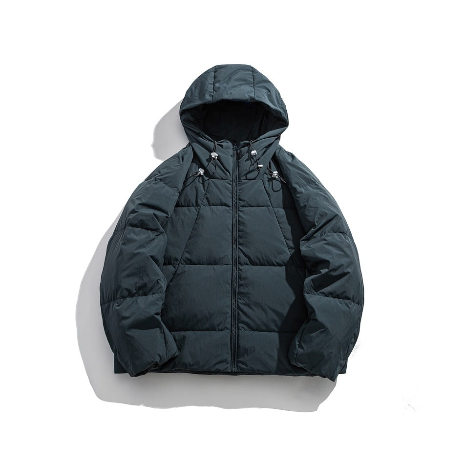 Vintage blue hooded quilted puffer jacket with front zipper and toggle drawcords, flat front view