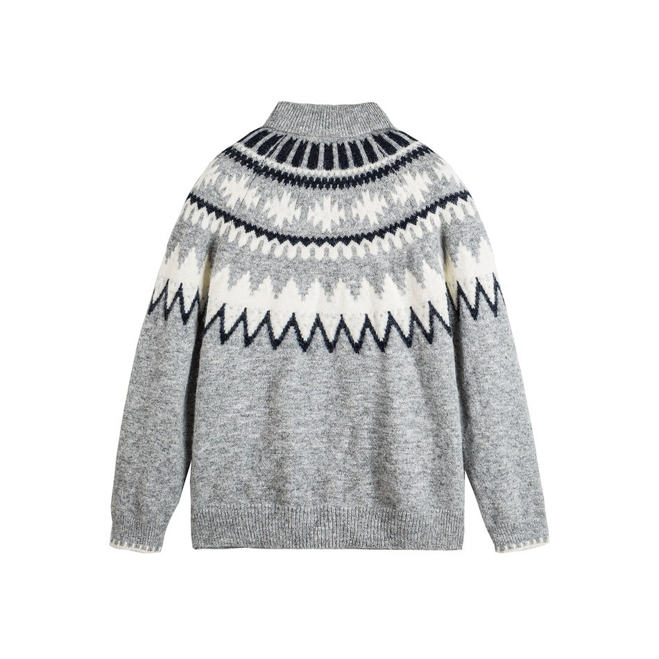Back view of gray knit cardigan with ribbed stand collar and navy and cream Fair Isle yoke pattern