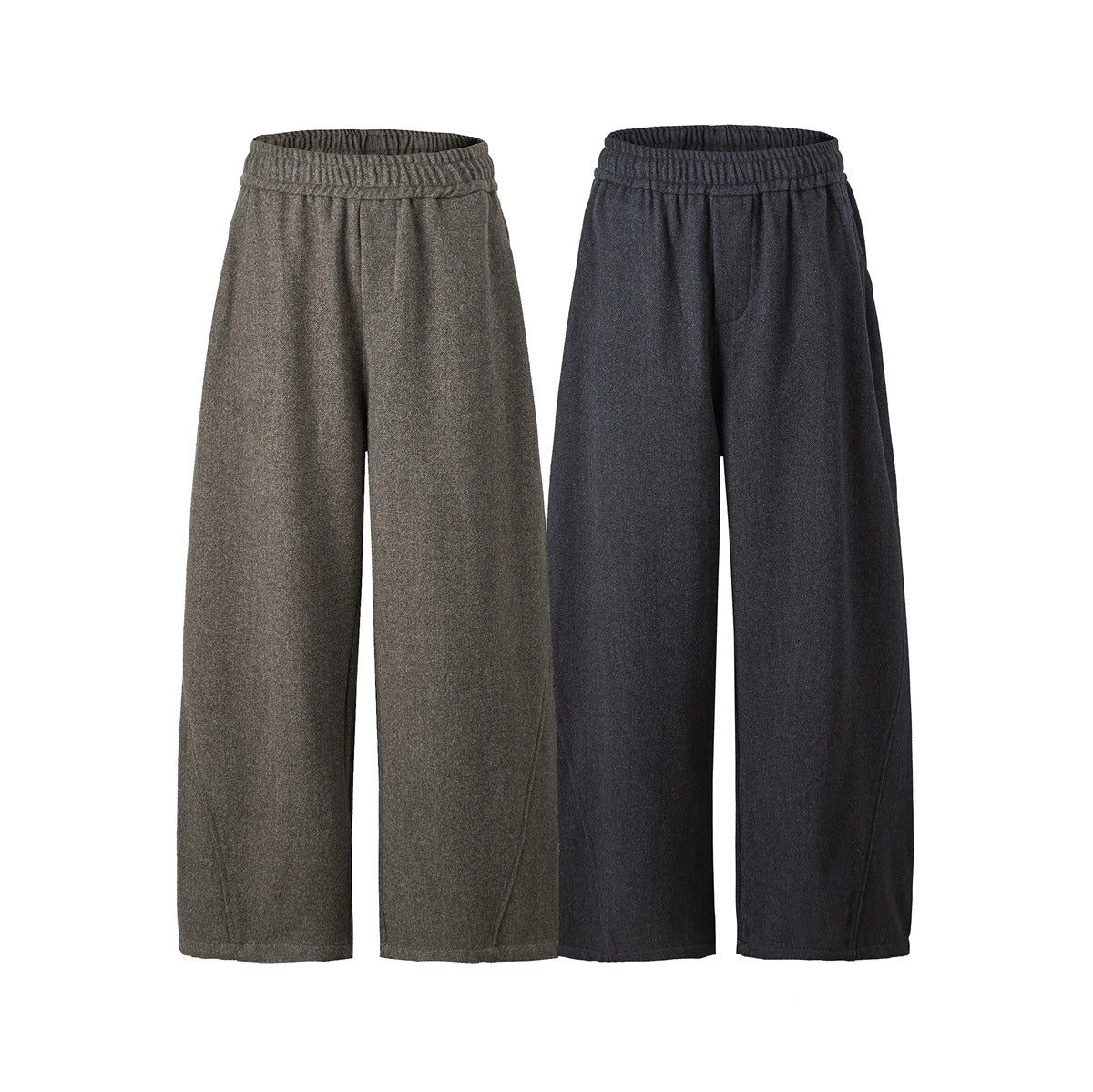 Front views of wide-leg pants in taupe and charcoal, with elastic waistbands.