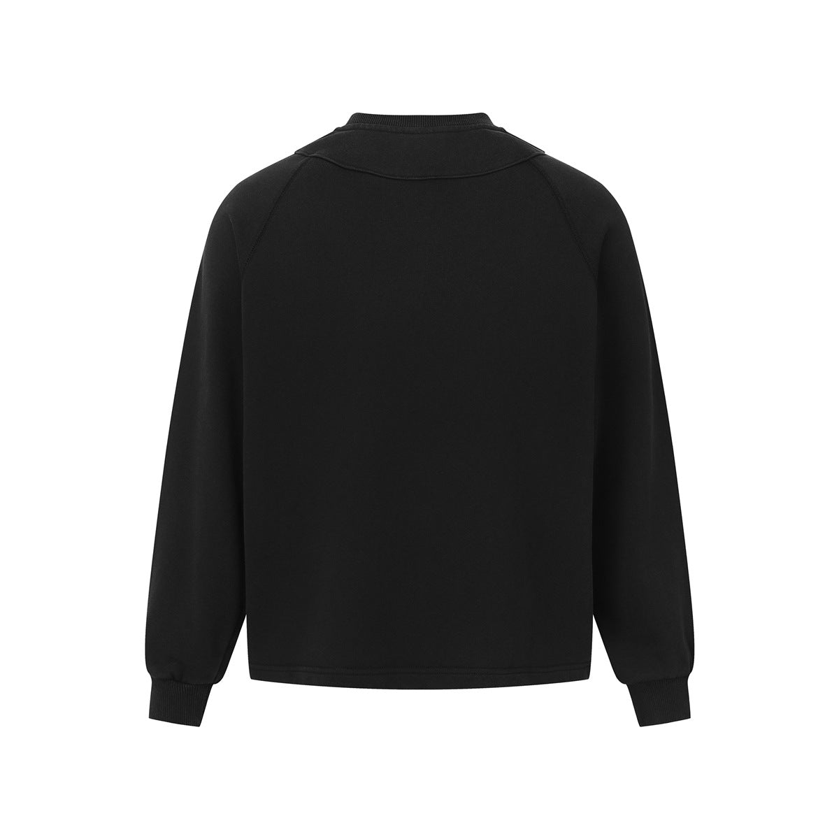 Back view of a plain black crewneck sweatshirt with long sleeves, ribbed cuffs, and curved yoke seams.
