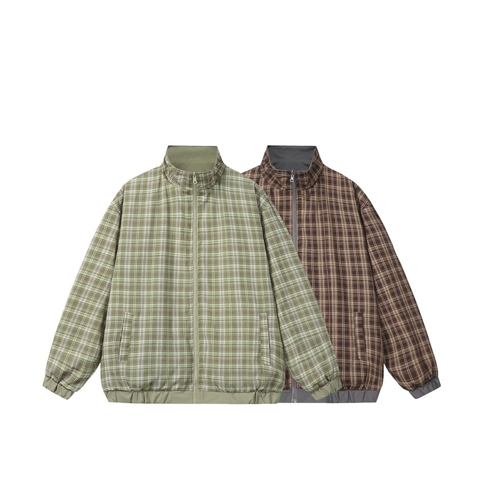 Two front-facing zip jackets: pale green plaid and brown plaid, both with stand collars and gathered hems.