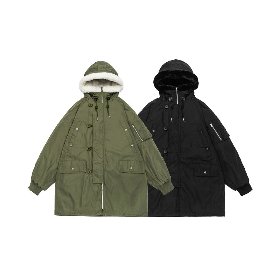 Olive and black hooded parkas shown from the front, with contrasting light and dark faux-fur hood linings.