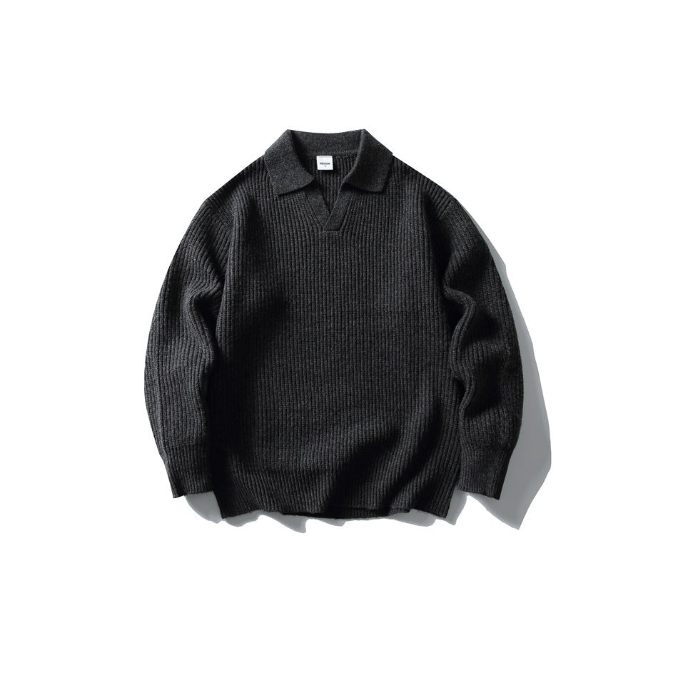 Dark gray ribbed knit pullover sweater with polo-style collar and V-neck opening, flat lay