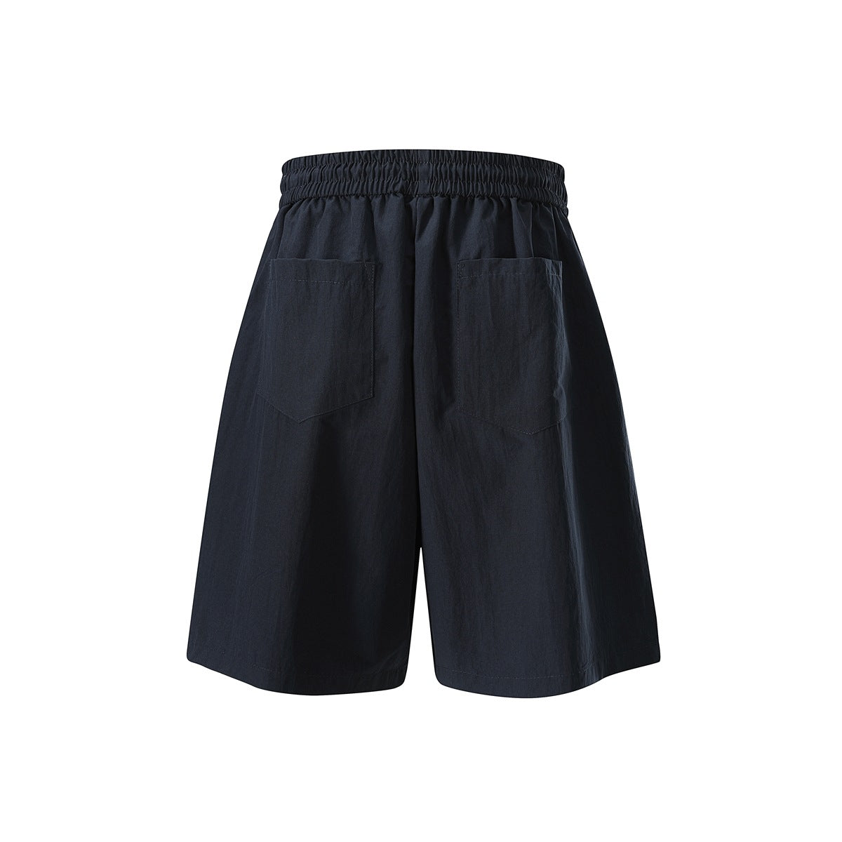 Navy blue shorts back view showing elastic waistband and two patch pockets