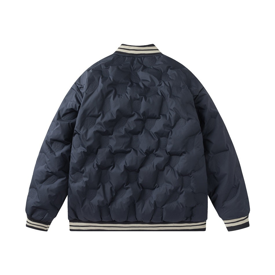 Navy quilted baseball-style jacket, back view, with embossed pattern and striped ribbed collar, cuffs and hem