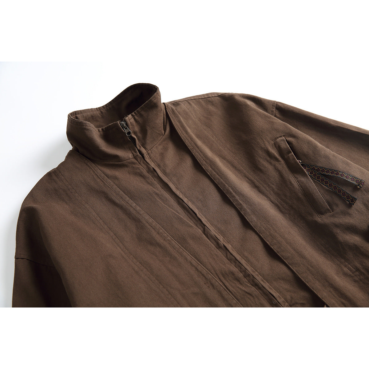 Close-up of a brown jacket’s stand collar, front zipper, and angled chest pocket with patterned trim.