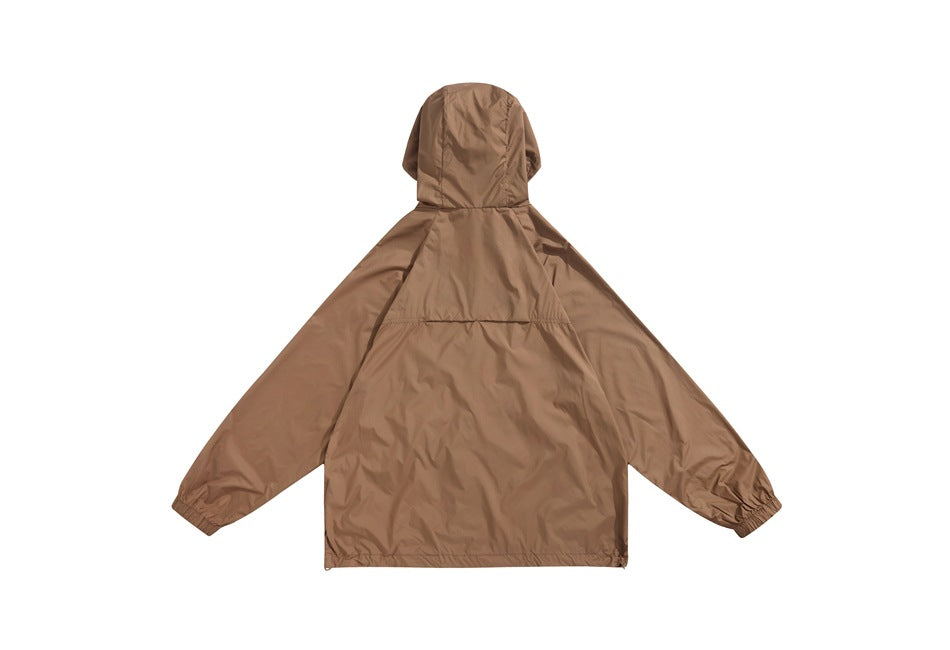 Back view of a brown hooded jacket with long sleeves, elastic cuffs, and a horizontal upper-back seam.