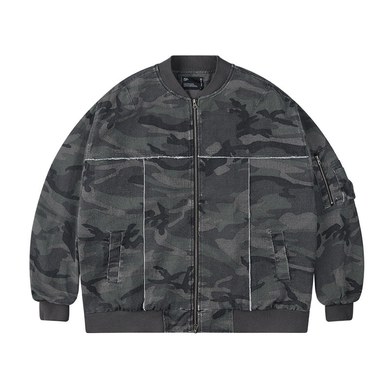 Gray camouflage bomber jacket with ribbed collar, front zipper, waist pockets and frayed seams, flat front view