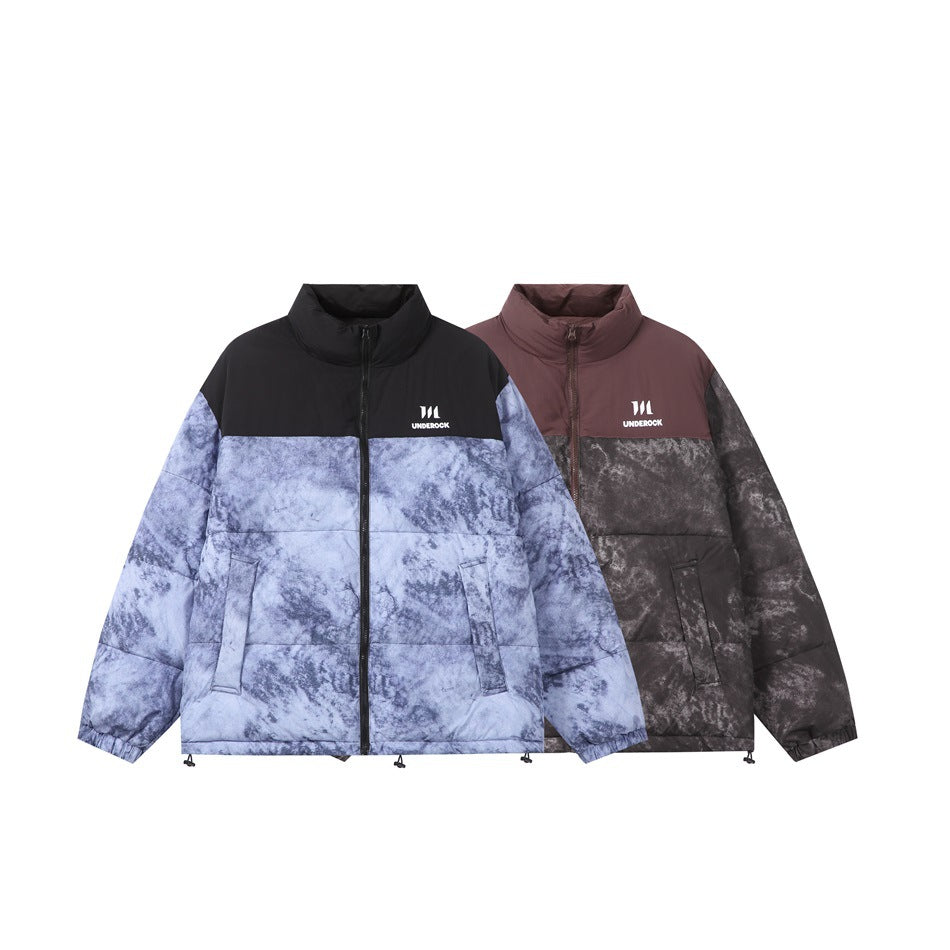 Two puffer jacket colorways shown together: lavender-gray with a black yoke and charcoal with a burgundy yoke.