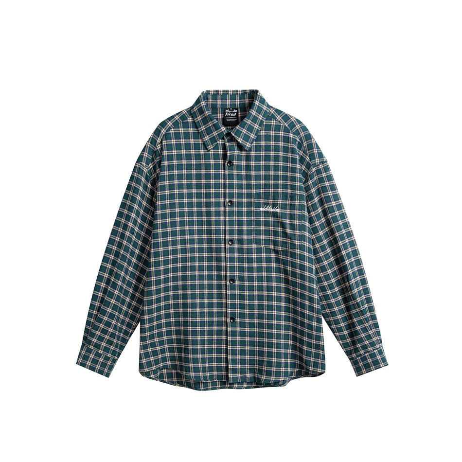 Blue-green plaid long-sleeve button-up shirt with chest pocket, flat lay front view on white background