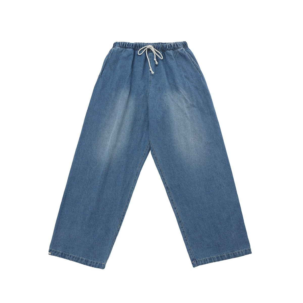 Light blue faded wide-leg denim pants with elastic drawstring waist and side pockets, flat lay front view