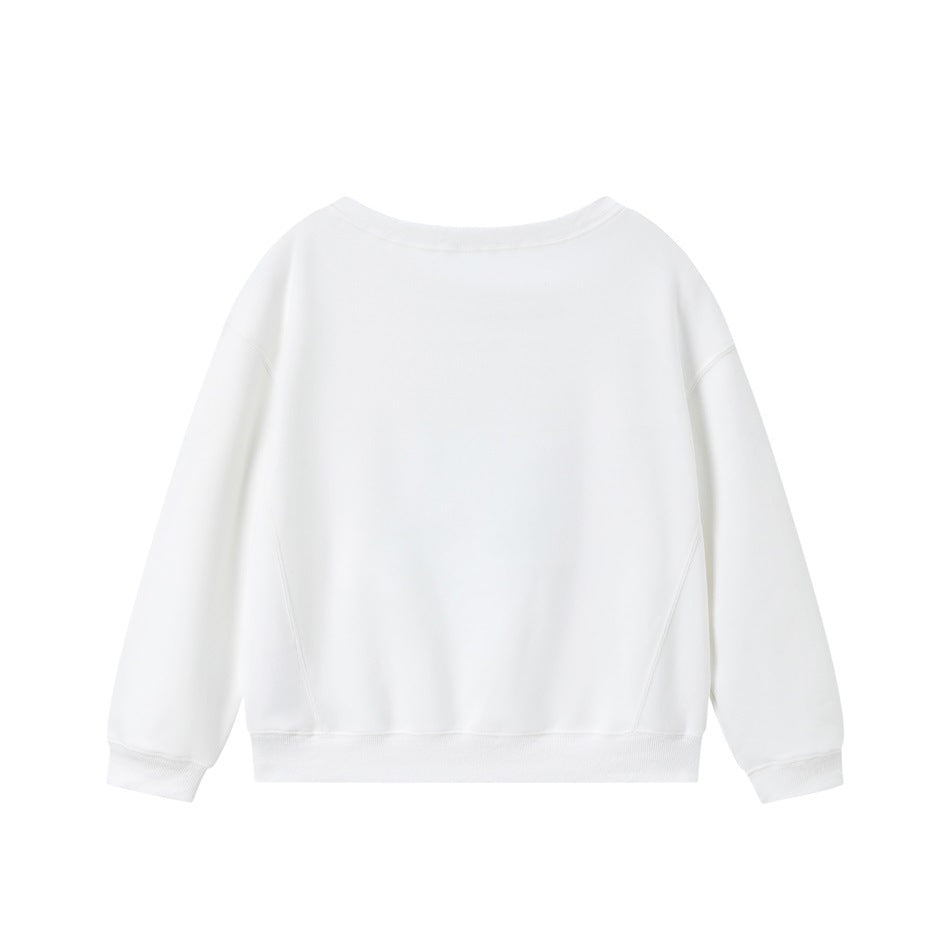 Back view of a white crewneck sweatshirt with ribbed cuffs and hem and diagonal panel seams