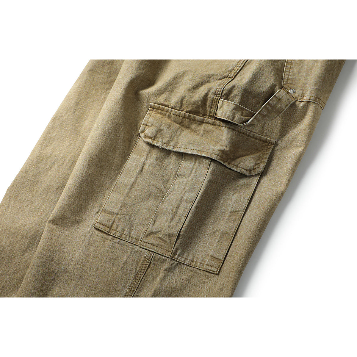 Close-up of a khaki cargo pant leg with a large flap pocket and stitched panel details.