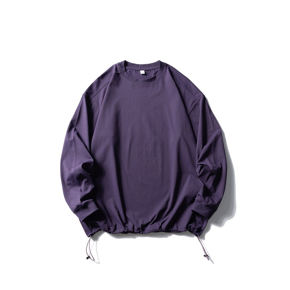 Purple long-sleeve crew-neck top flat lay with drawstring hem and toggle cords