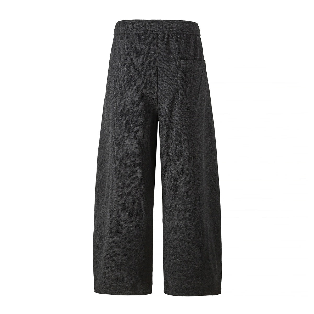 Charcoal black wide-leg pants, flat back view with elastic waistband and one back patch pocket