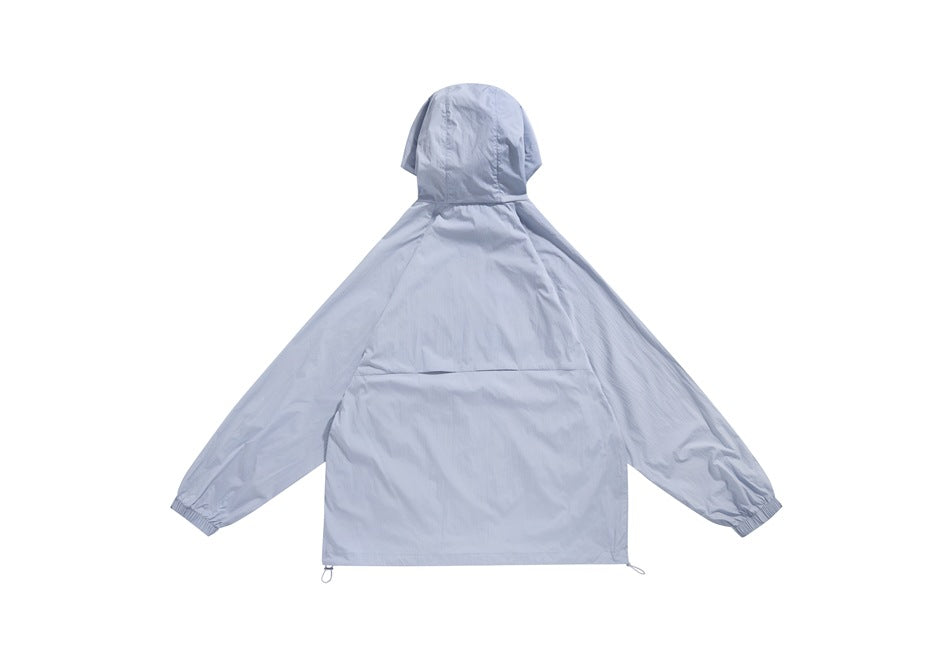 Pale blue-gray hooded jacket shown from the back, with elastic cuffs and adjustable hem.