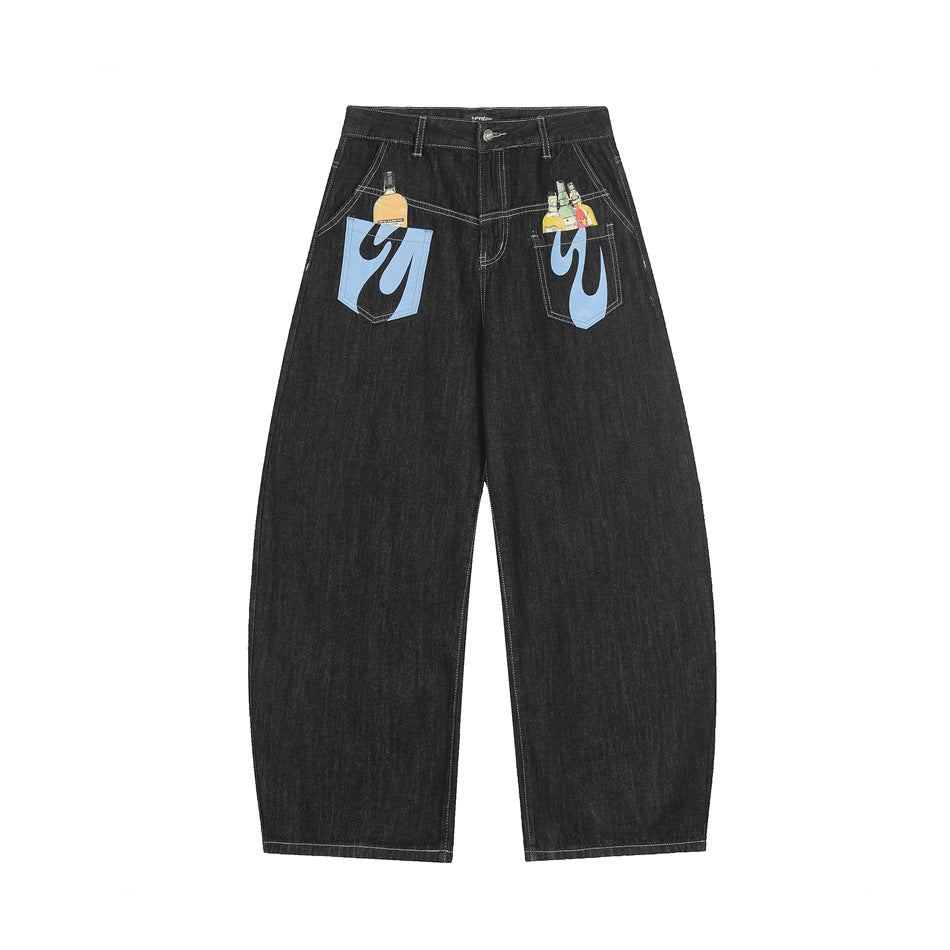 Black wide-leg barrel jeans with light blue flame prints and small bottle graphics on the front pockets, flat front view