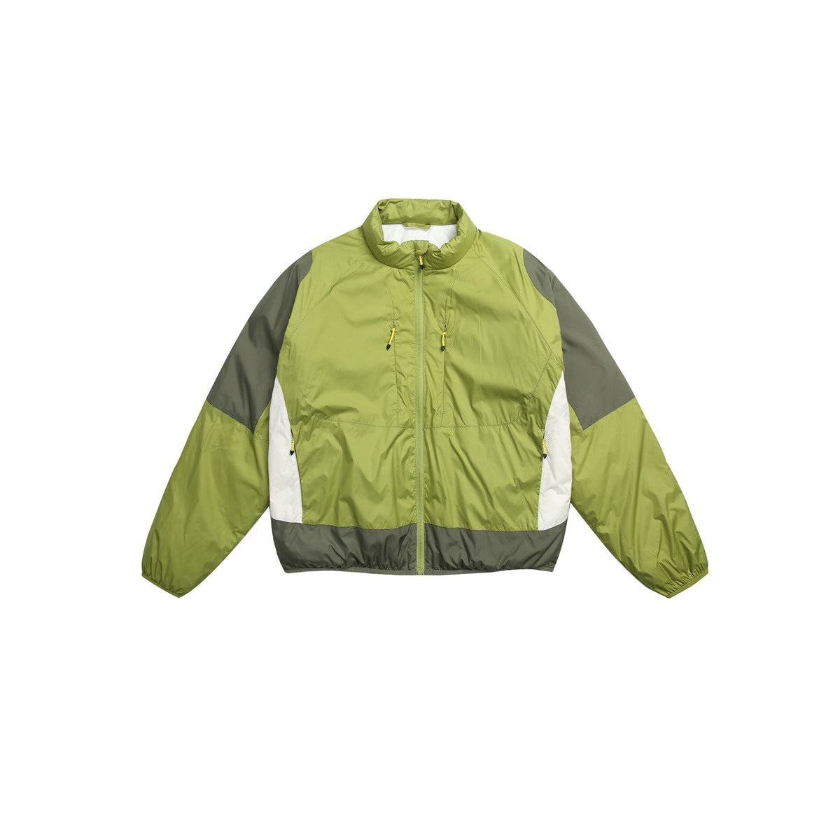 Green stand-collar zip jacket with olive shoulder and hem panels and off-white side panels, flat front view