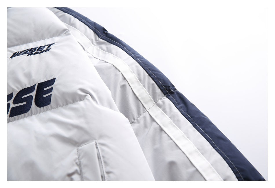 Close-up of the jacket's light sleeve with white and navy stripe trim and partial dark chest lettering.