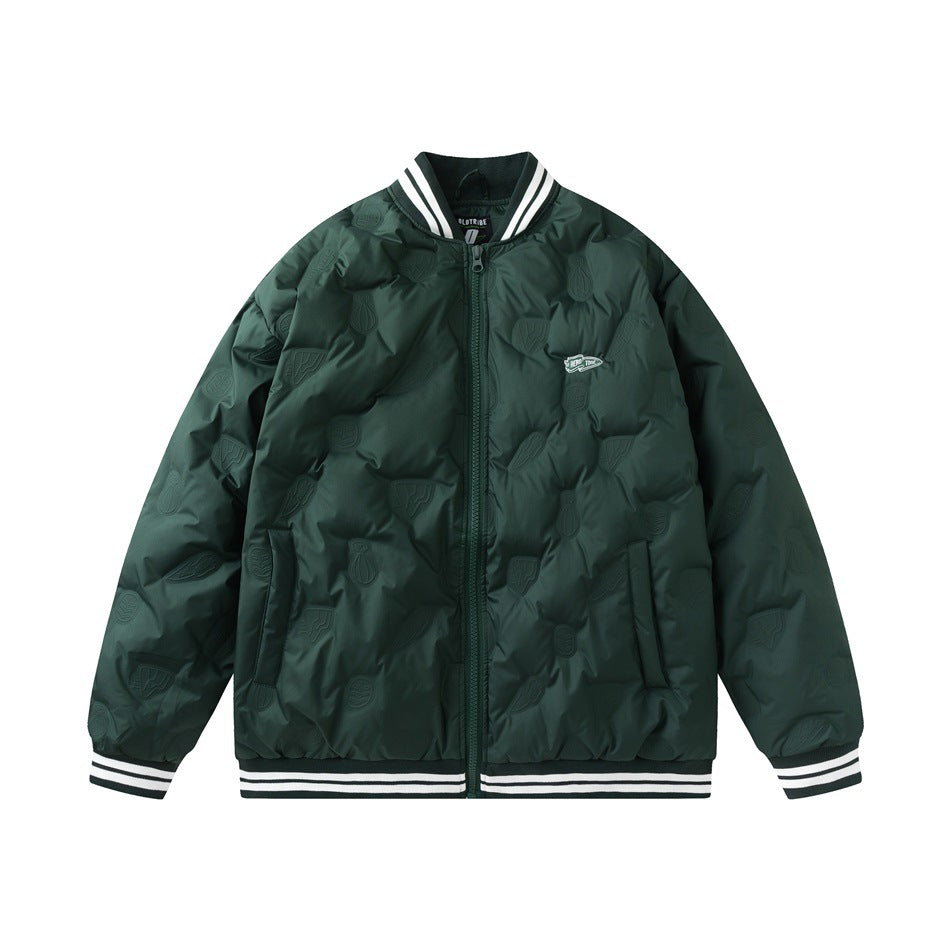 Front view of a dark green quilted zip jacket with a striped collar, cuffs, and hem.