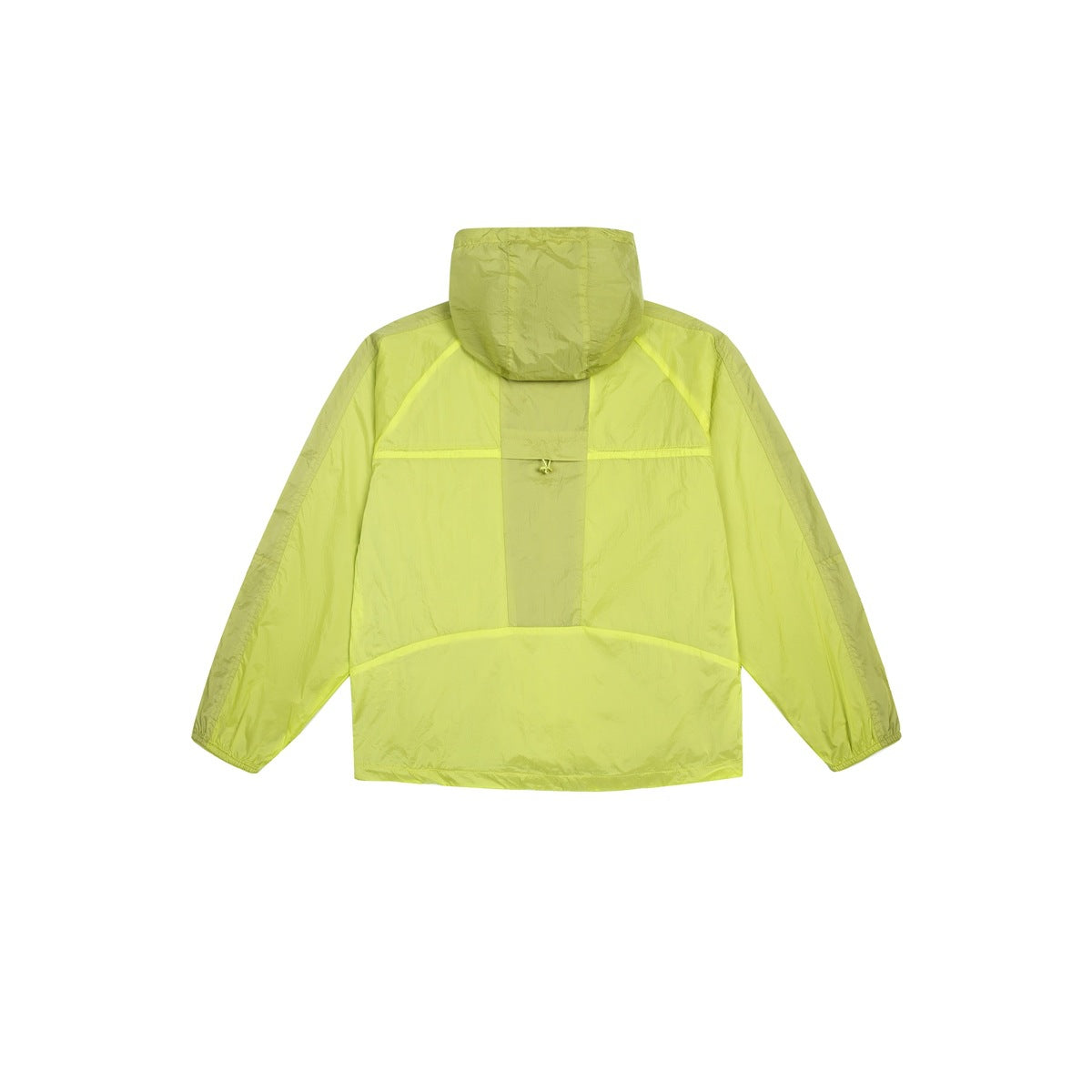 Back view of a bright yellow-green hooded jacket, shown flat against a white background.