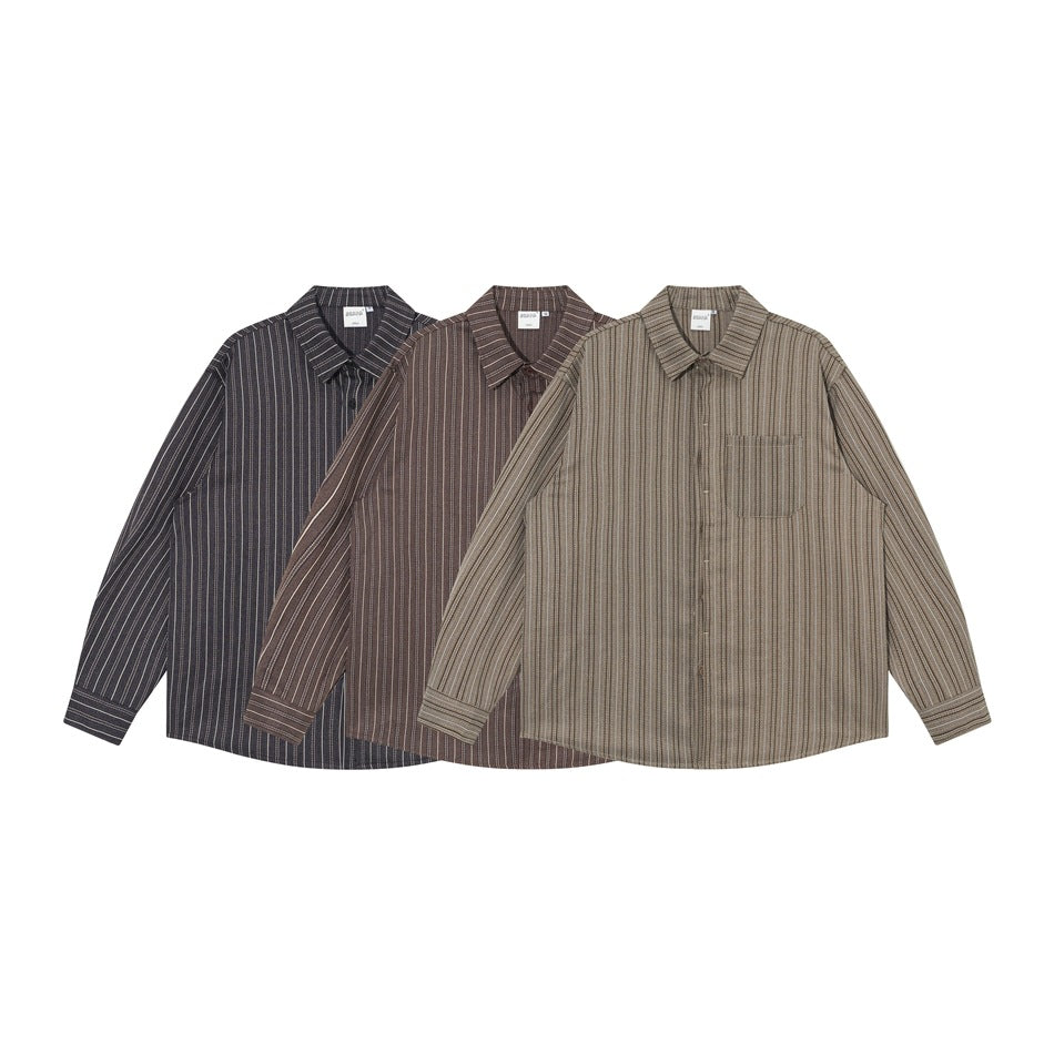 Three long-sleeve button-up shirts with vertical stripes in charcoal, brown, and taupe.