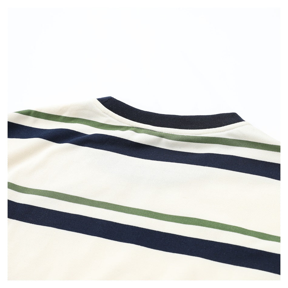 Close-up of a navy ribbed crew neckline above cream knit fabric with navy and muted green stripes.