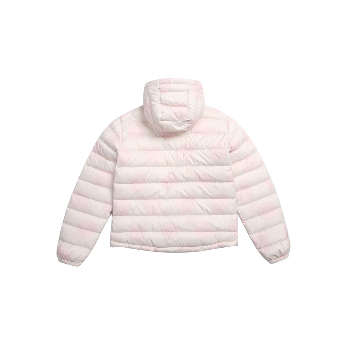 Back view of a pale pink and white hooded puffer jacket displayed against a white background.