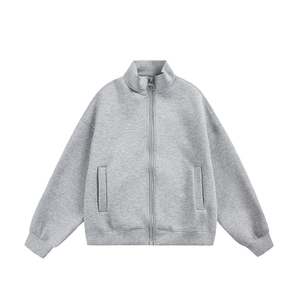 Light heather gray stand-collar zip jacket flat lay, front view with large zipper and two welt pockets