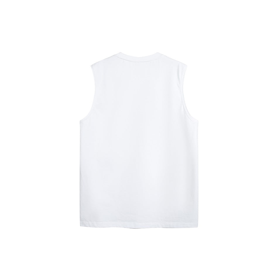 Plain white sleeveless crew-neck shirt shown from the back against a white background.