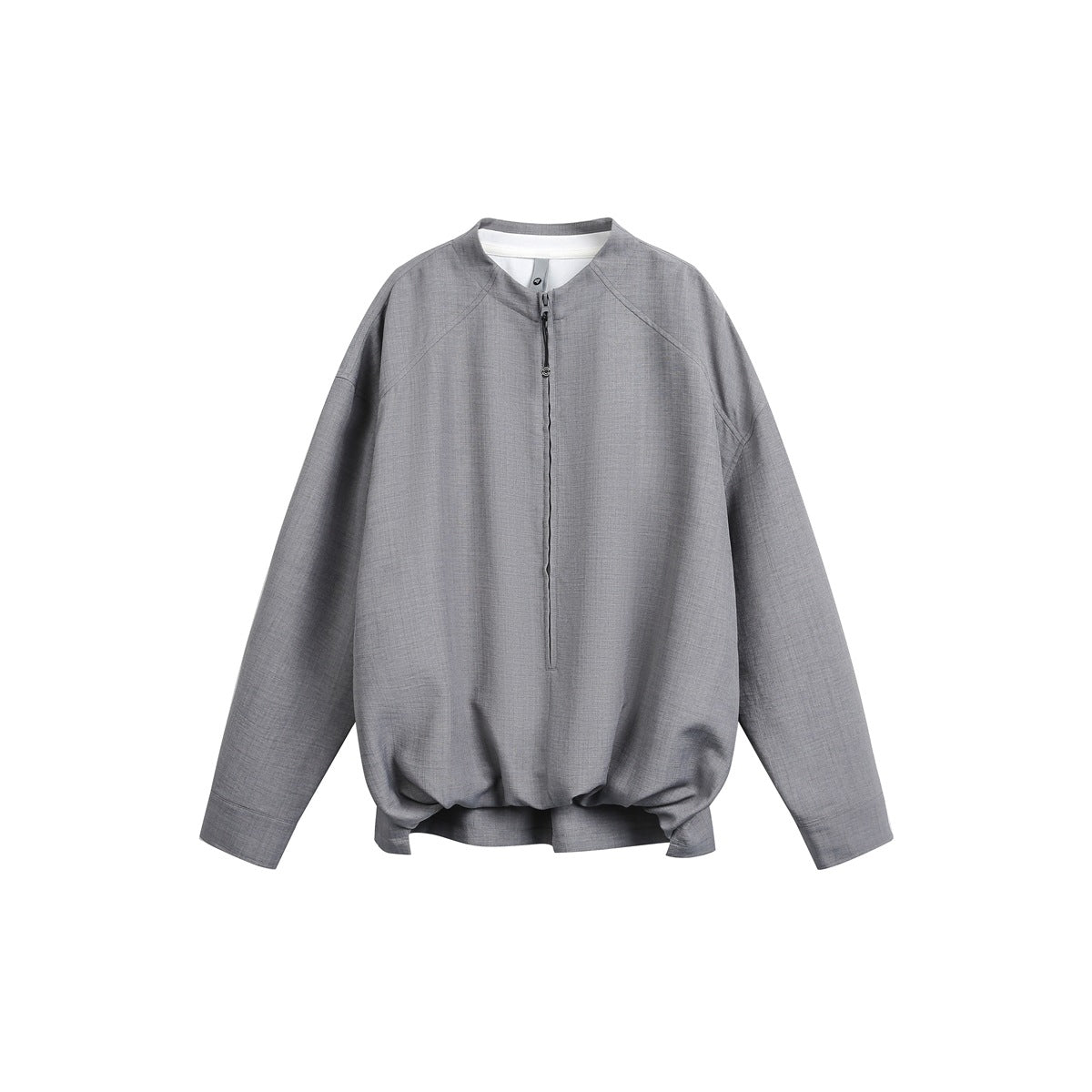 Gray long-sleeve jacket with a short stand collar, front zipper, raglan sleeves, and gathered hem.