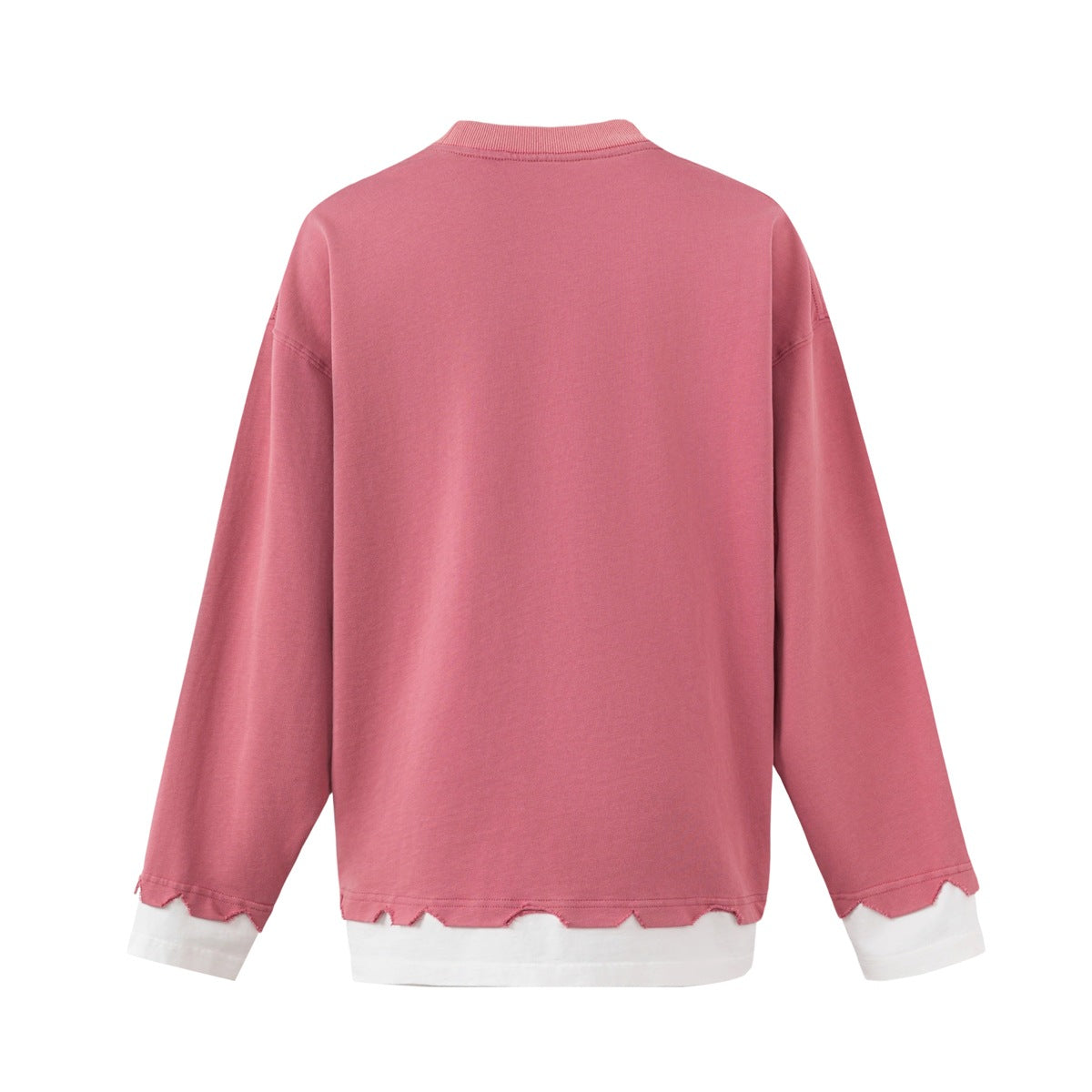 Back view of a plain dusty rose sweatshirt with a layered white hem and cuffs.