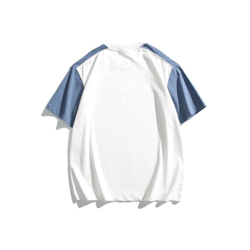 Back view of white T-shirt with blue color-block sleeves and ribbed crew neck, plain back