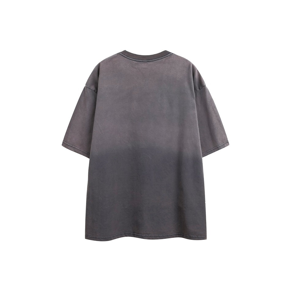 Back view of a gray washed short-sleeve T-shirt with a plain back, crew neck and faded gradient