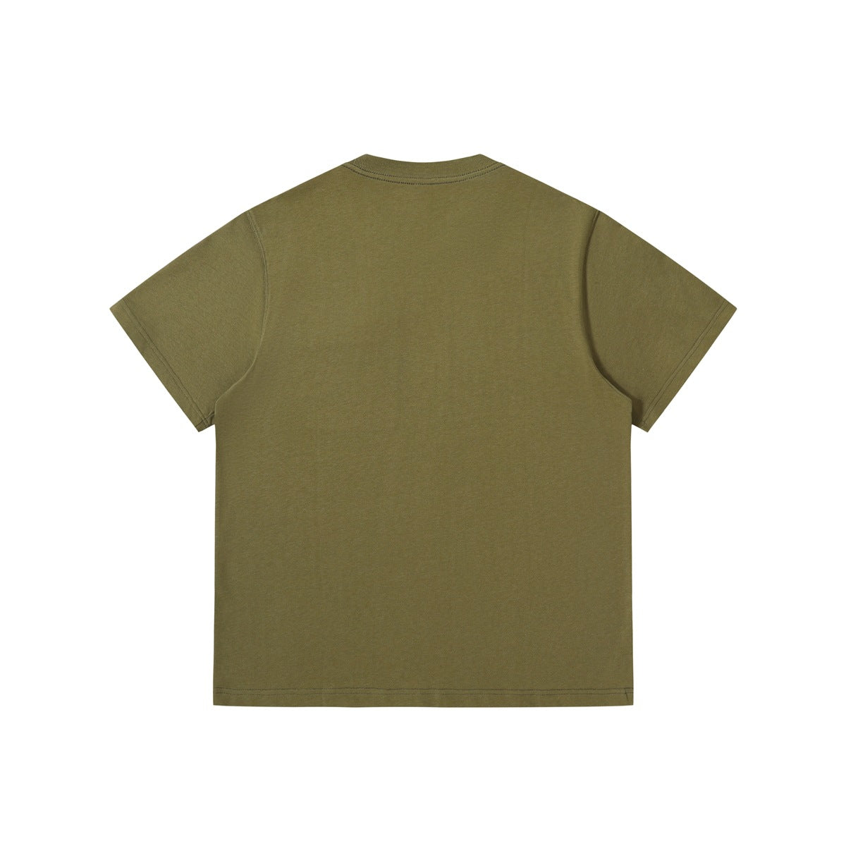 Back view of a plain olive short-sleeve crew-neck T-shirt.