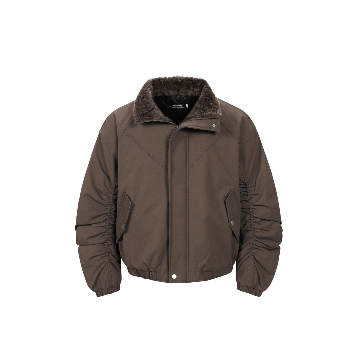 Front view of a brown jacket with a plush collar, snap-front closure, angled pockets, and gathered sleeves.
