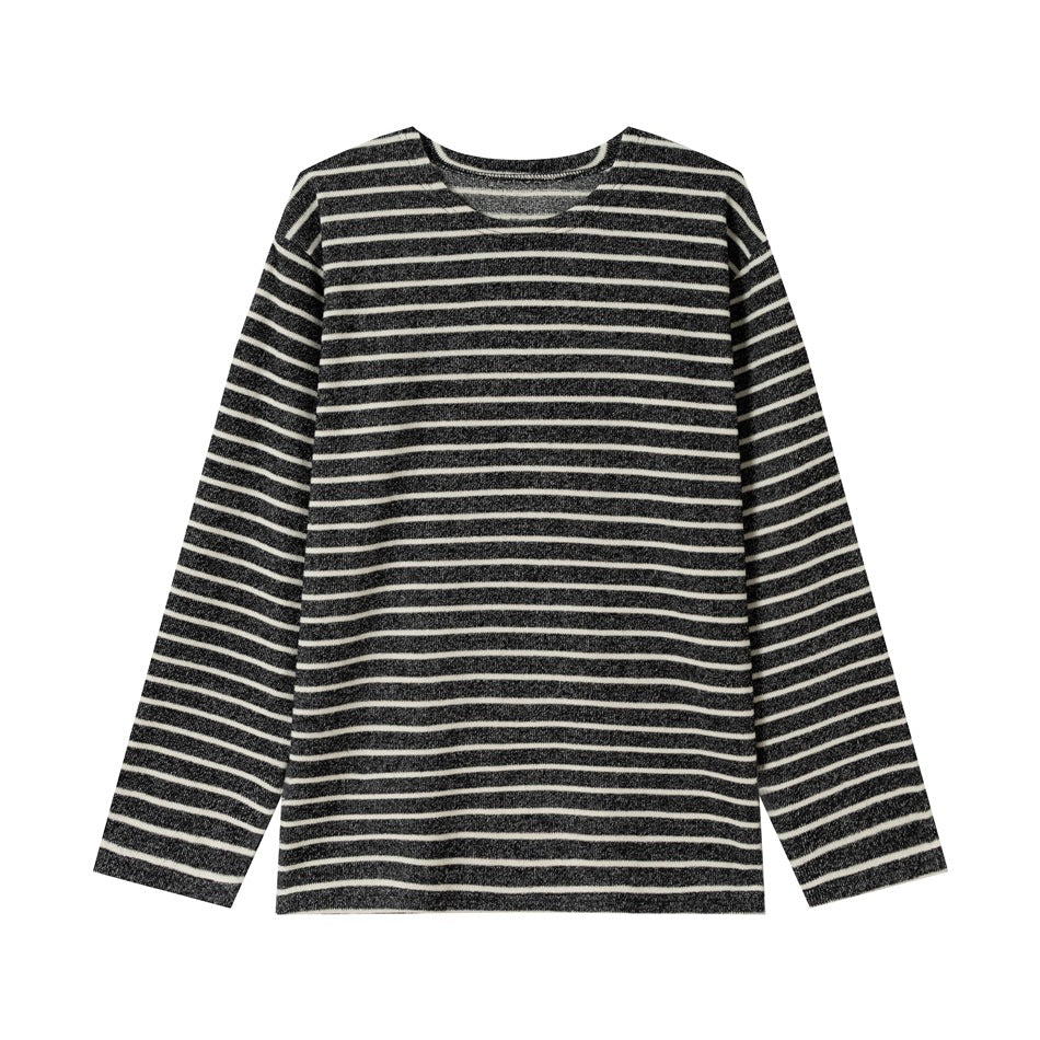 Black and cream striped long-sleeve crew neck top, flat lay front view