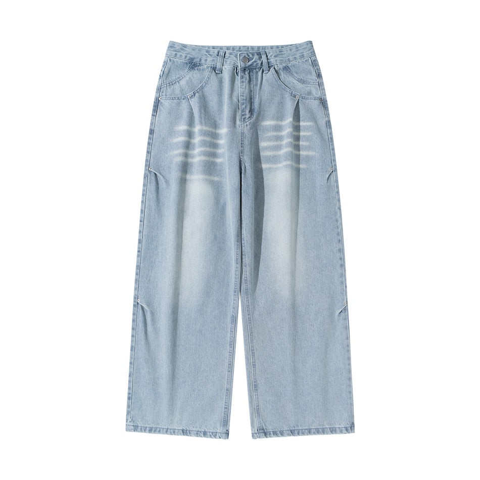 Light blue washed wide-leg jeans, front flat lay with whisker fading, zip fly and button waist