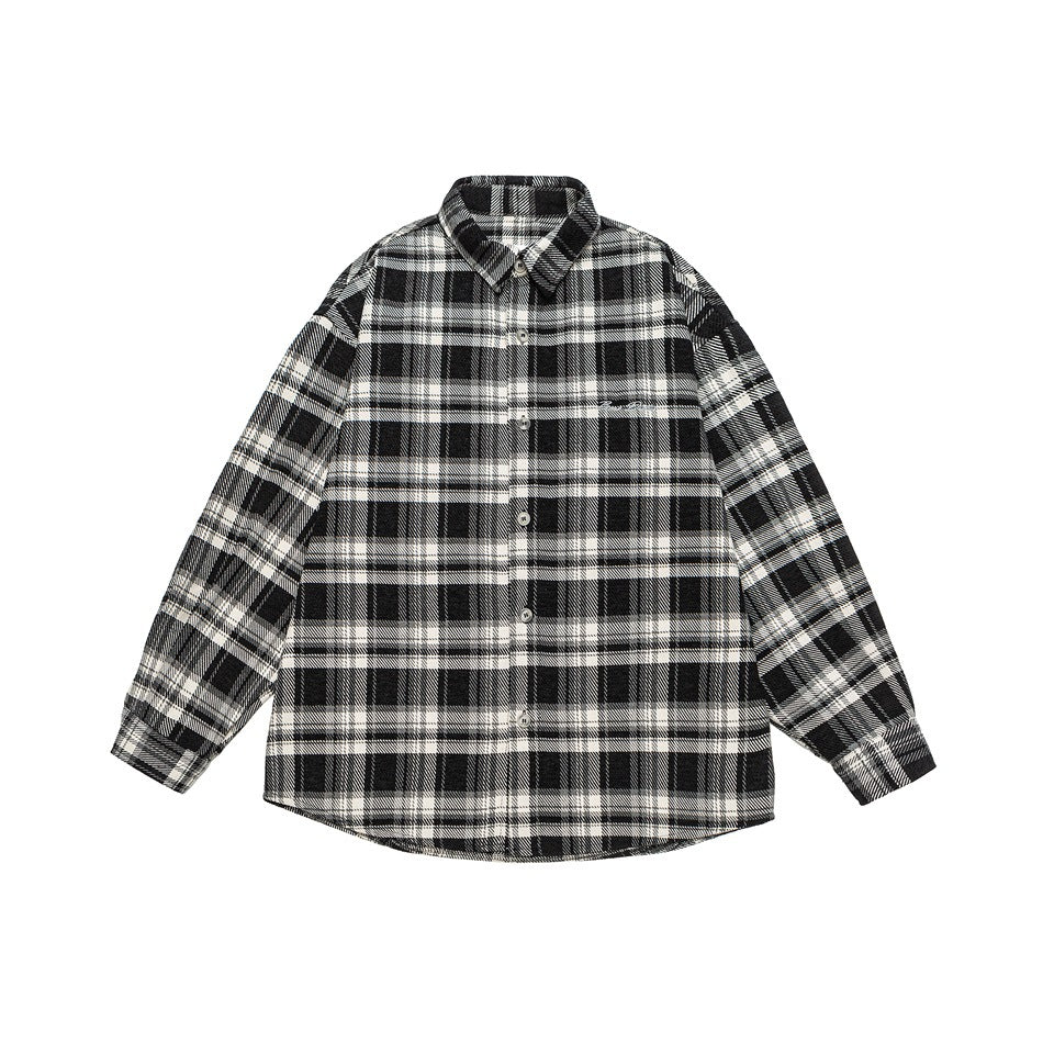Front view of a black, gray, and white plaid button-up shirt with long sleeves and a chest logo.